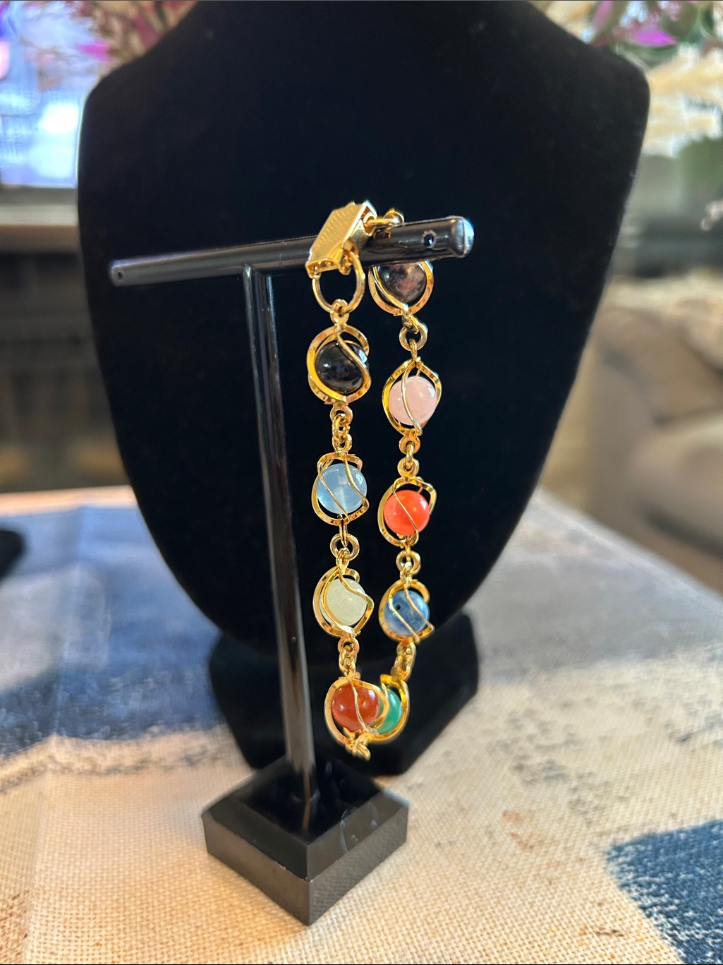 Elegant Multicolor Stone Link Bracelet  Gold Plated
